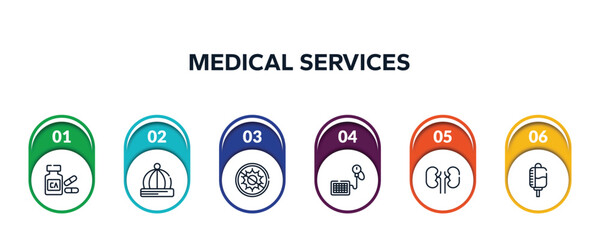 Wall Mural - medical services outline icons with infographic template. thin line icons such as calcium, baby hat, antibacterial, tensiometer, kidney, drop counter vector.