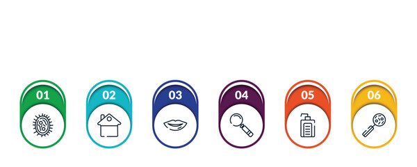 Poster - outline icons with infographic template. thin line icons such as bacterias, stay at home, lips, magnifying glass, hand soap, disease vector.