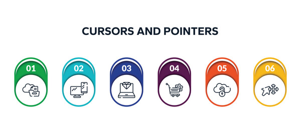 Poster - cursors and pointers outline icons with infographic template. thin line icons such as files folder on cloud, pc smartphone, laptop with diamond, shopping cart tings, unlocked internet, arrows move
