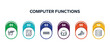 computer functions outline icons with infographic template. thin line icons such as electric fryer, appointment book, usb port, audiobook, open data, data storage vector.