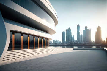 Modern architecture building design with empty concrete floor and urban city skyline in background showing copy space on the clear balcony. Peculiar AI generative image.