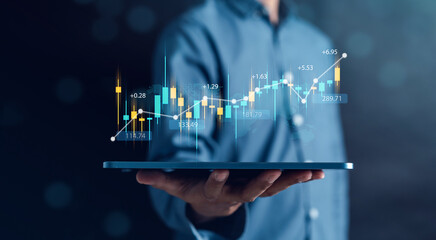 Aufkleber - Investor Planning and strategy, Stock market, business people working with technical price graph and indicator, candlestick chart and stock trading tablet screen financial investment growth concept.