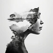 Abstract silhouette of a female face. Ink effect Tropical background. Double exposure illustration. Woman's face and beautiful natural landscape inside made with Generative AI