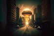 Nuclear explosion over the city. War or terrorism concept. Generative AI