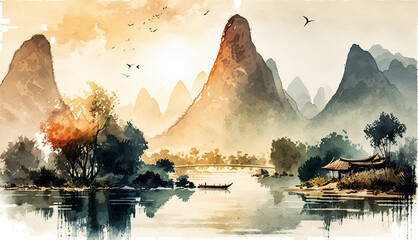 landscape and natural scenery in watercolor style. AI technology generated image，