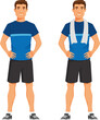 Young man in blue t-shirt and shorts, ready for his workout. Health and fitness concept. Cartoon character.