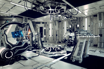 Poster - Bright futuristic science fiction control room in a space ship or station with high tech equipment. 3D rendering.