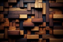 Tiled Wall In The Style Of A Timber Wall. Blocks Of Natural Wood And Tile Wallpaper. Generative AI