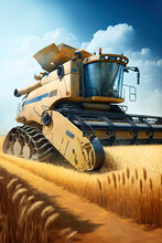 Wheat Field, Red Harvester, Harvest, Agricultural Machinery. Ai Generative