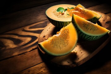 Wall Mural - closeup shot of slices of fresh and juicy melon on a wooden board. Generative AI