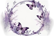 For Postcards, Posters, Invitations, Souvenirs, And Banner. Oval Frame With A Thin, Delicate Border, Adorned With Aflutter, Purple Butterflies And Splatter Generative AI