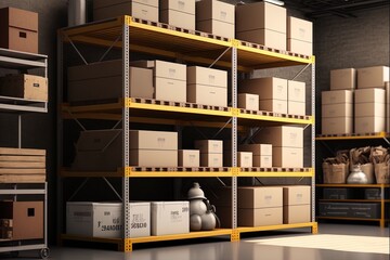 warehouse with cardboard boxes on wooden shelves with metal base. storage room, store garage or market. Generative AI