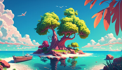 Fantasy island with a tree and a boat in the ocean. Generative AI