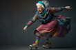 Cheerful granny as a professional skater on dark background with weird street wear clothing with vibrant colors. Ai generative.
