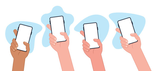 Poster - Mobile phone in hand collection - Set of vector mockup illustrations of human hands holding smartphone with blank screen on white background 10 eps.