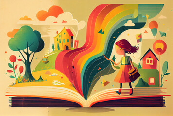 Wall Mural - Minimalist colorful childbook illustration on the way to school