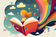 © rupinder - Minimalist childbook illustration blond girl riding a book on a rainbow