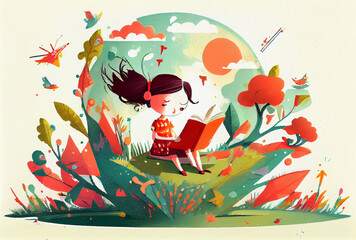 Sticker - Minimalist childbook illustration redhead girl reading book in a park