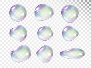 rainbow soap bubbles with highlights and reflections of various shapes isolated on a light backgroun
