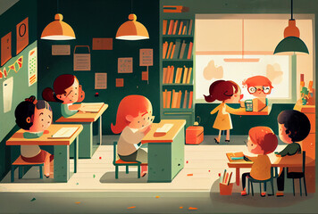 Wall Mural - Minimalist colorful childbook illustration classroom