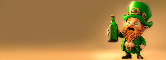 Sticker - 3D Render of Cheerful Leprechaun Man Character Holding Alcohol Bottle And Copy Space. St. Patrick's Day Concept.