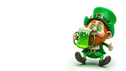 Canvas Print - 3D Render of Leprechaun Man Character Drinking Beer In Sitting Pose And Copy Space. St. Patrick's Day Concept.