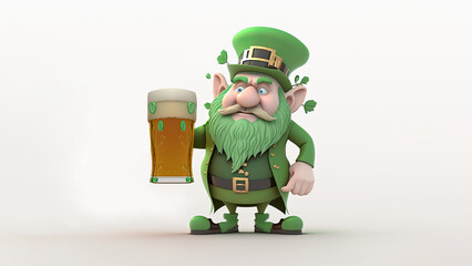 Poster - 3D Render of Leprechaun Man Holding Beer Glass And Copy Space. St. Patrick's Day Concept.