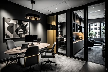 Modern office interior with dark colours