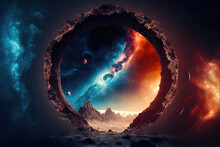 Portal To Another World. Futuristic Cosmic Landscape With Circle Tunnel In Starry Sky. Gate In Space Futuristic Background With Galaxy And Nebula. Created With Generative AI