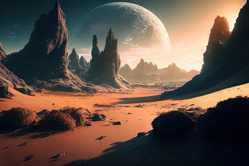 Wall Mural - landscape of unknown red planet surface with craters and mountains. extraterrestrial landscape. fant