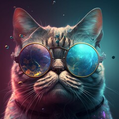 Sticker - illustration cat with rainbow glasses - by ai generative