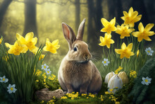 Generative AI Illustration Of Cute Adorable Rabbit Bunny At Easter In Forest Landscape Surrounded By Spring Daffodils