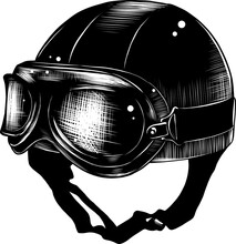 PNG Engraved Style Illustration For Posters, Decoration And Print. Hand Drawn Sketch Of Motorcyrcle Helmet In Monochrome Isolated On White Background. Detailed Vintage Woodcut Style Drawing.	
