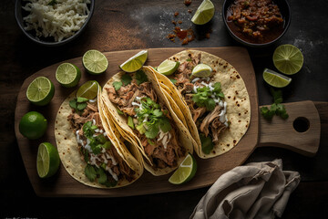 Mexican pork carnitas tacos. Illustration Generative AI