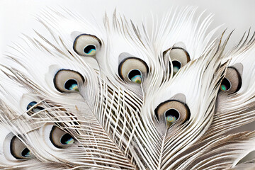 White albino peacock feathers close-up on white isolated background, design background, copy space. Generative AI