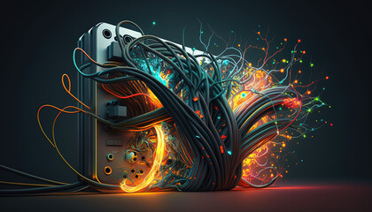 Computer, hard drive, external hd, colorful cables, hi tech, technology, digital, information technology,. electronics, computing, futuristic, fantasy, generative ai