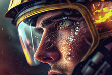 Close-up Of A Firefighter Wearing A Yellow Helmet. Generative AI. 2