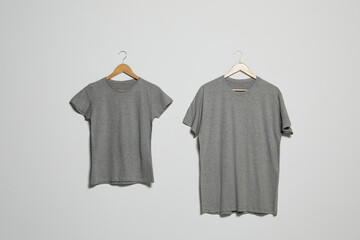 Wall Mural - Hangers with different t-shirts on light wall. Mockup for design