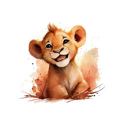 Wall Mural - Adorable cartoon watercolor illustration of a baby lion on a white background, perfect for a nursery or children room. Generative AI