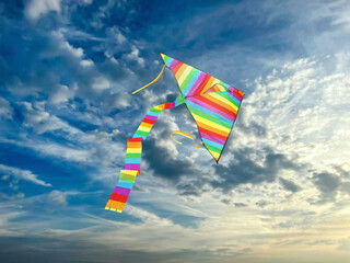 Wall Mural - Bright striped rainbow kite flying in blue sky