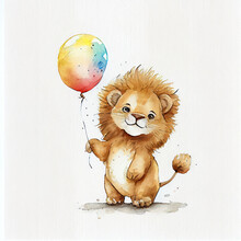Adorable Watercolor Illustration Of Safari Animals - Baby Lions With Balloons On A White Background, Perfect For A Nursery Or Children Room, For Invitation, Postcard, Sticker And Banner. Generative AI