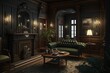 Modern baroque and victorian style home with retro television and fireplace in a moody home interior illustration