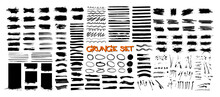 Dried Ink Strokes, Paint Streaks, Splatter Marks, Various Brushes. Grunge Circle Frames, Paint Brush Strokes, Dirty Design Elements Graphic Box. Rectangle, Square And Burst Text Template. Vector Set