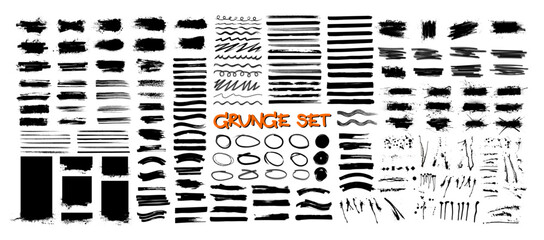 Fototapete - Dried ink strokes, paint streaks, splatter marks, various brushes. Grunge circle frames, paint brush strokes, dirty design elements graphic box. Rectangle, square and burst text template. Vector set