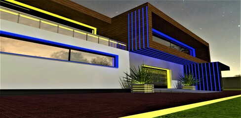 Wall Mural - Yellow blue illumination of the upscale country cottage exterior and the pavement border. The porch and windows look nice at night time. 3d rendering.