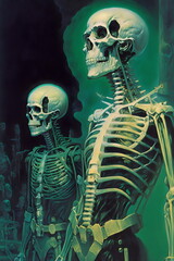 vintage sci-fi painting of two sentient skeletons, made with generative ai