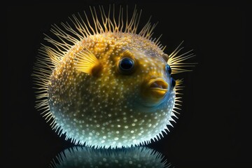 Sticker - Pufferfish glowing, black background, concept of Bioluminescence, created with Generative AI technology