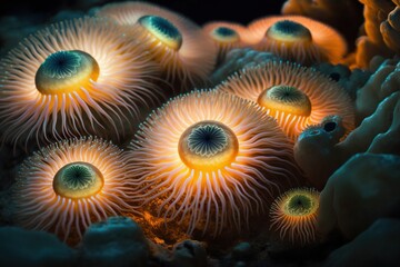 Sticker - Sea anemones glowing, concept of Marine Life and Bioluminescence, created with Generative AI technology