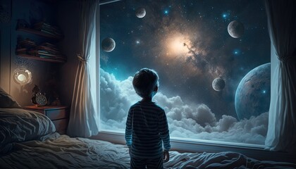 Wall Mural - a kid watching out at big window open to galaxy sky, midnight time, idea for imagination and dream concept, Generative Ai