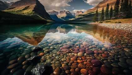 Wall Mural - still clear crystal glass water surface of nature lake with beautiful mountain nature landscape background, Generative Ai